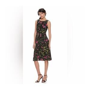 Elle Black Floral Midi Dress 4 Fit Flare Sleeveless Cottagecore